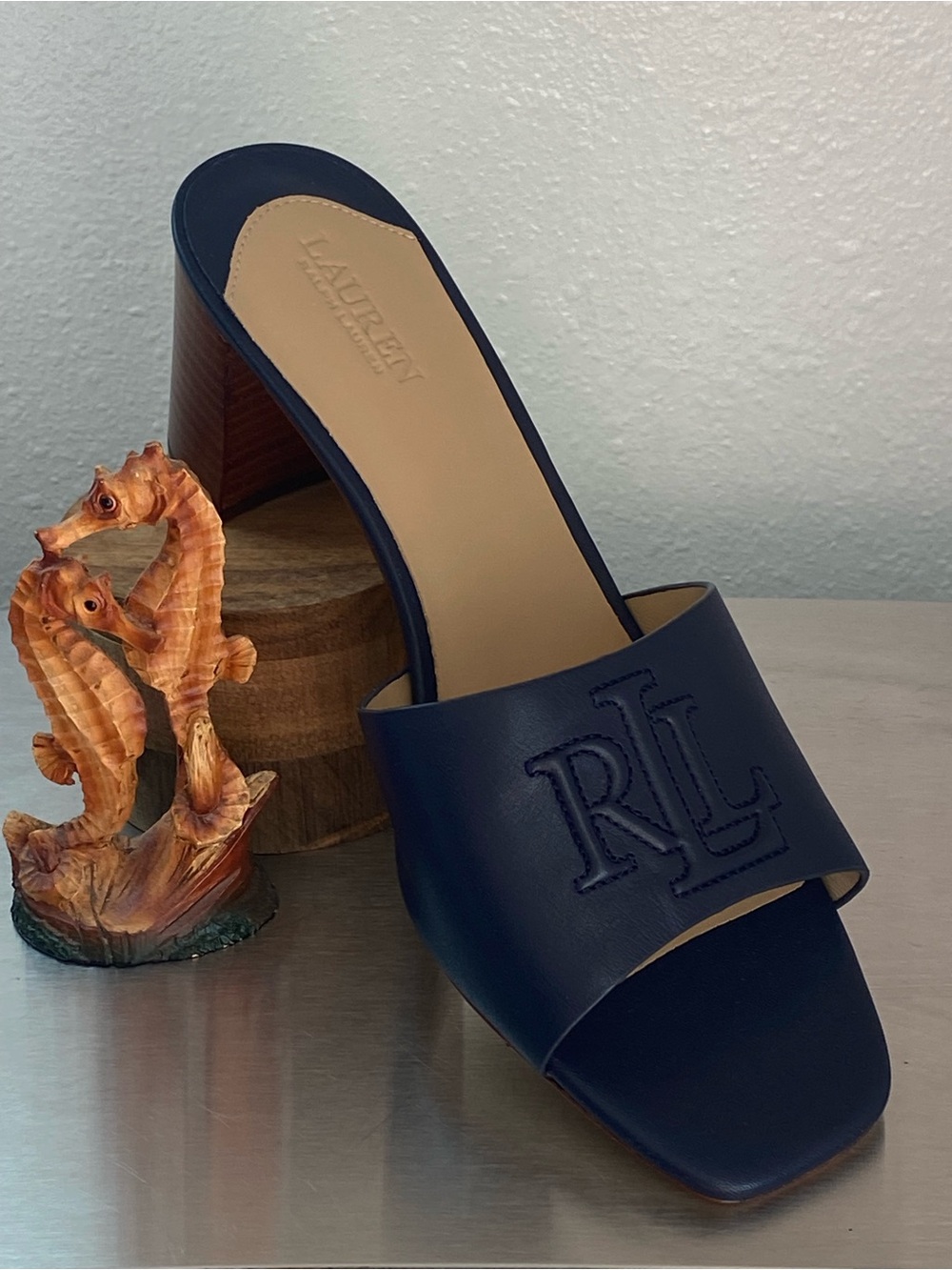RALPH LAUREN NAVY LEATHER BLOCK HEEL MULES-NEW - Picture 14 of 15